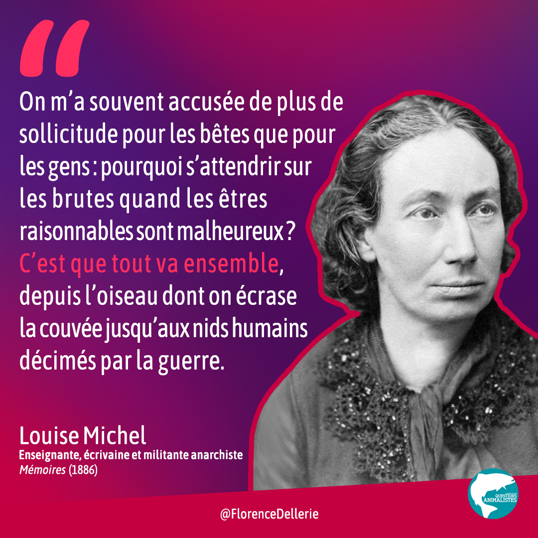 Visuel dans les tons de violet – rose fuchsia montrant une photo en noir et blanc de Louise Michel et disant : « On m’a souvent accusée de plus de sollicitude pour les bêtes que pour les gens : pourquoi s’attendrir sur les brutes quand les êtres raisonnables sont malheureux ? C’est que tout va ensemble, depuis l’oiseau dont on écrase la couvée jusqu’aux nids humains décimés par la guerre. » Louise Michel, Enseignante, écrivaine et militante anarchiste, Mémoires (1886)