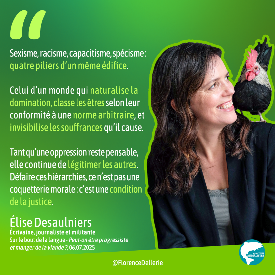 Visuel dans les tons de vert disant : "sexisme, racisme, capacitisme, spécisme : quatre piliers d'un même édifice. Celui d'un monde qui naturalise la domination, classe les êtres selon leur conformité à une norme arbitraire, et invisibilise les souffrances qu'il cause. Tant qu'une oppression reste pensable, elle continue de légitimer les autres. Défaire ces hiérarchies, ce n'est pas une coquetterie morale : c'est une condition de la justcie. Élise Desaulniers, écrivaine, journaliste et militante, Sur le bout de la langue - Peut-on être progressiste et manger de la viande ?, 06.07.2025" Le visuel est signé Florence Dellerie.
